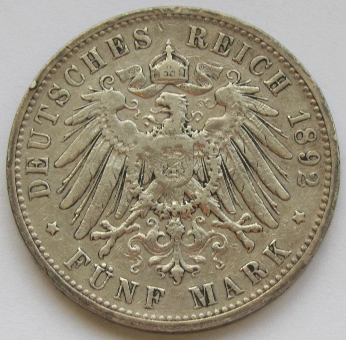  Kaiserreich: Württemberg, 5 Mark Wilhelm II. (Jaeger 176), 1892   