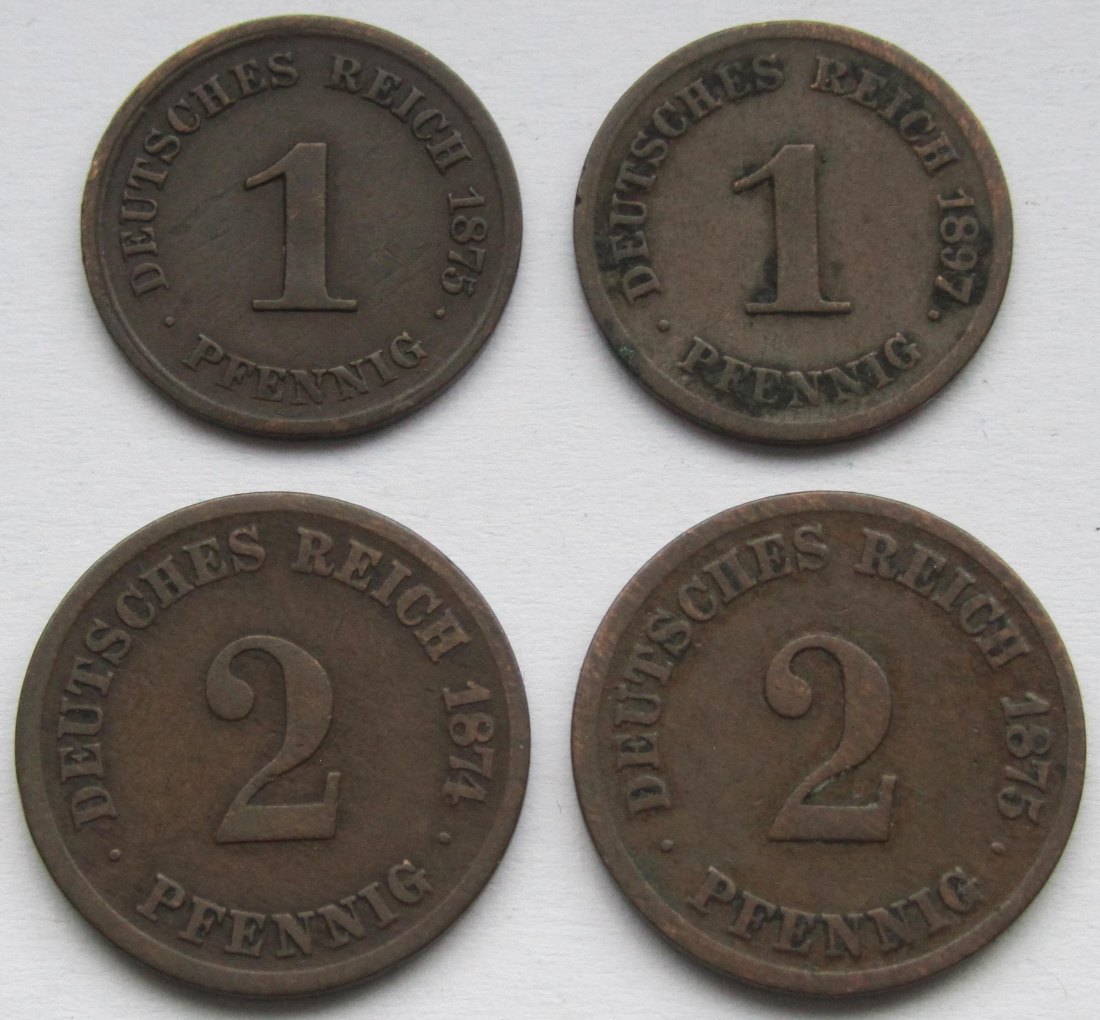  Kaiserreich: Vier seltene Jahrgänge 1 + 2 Pfennig   