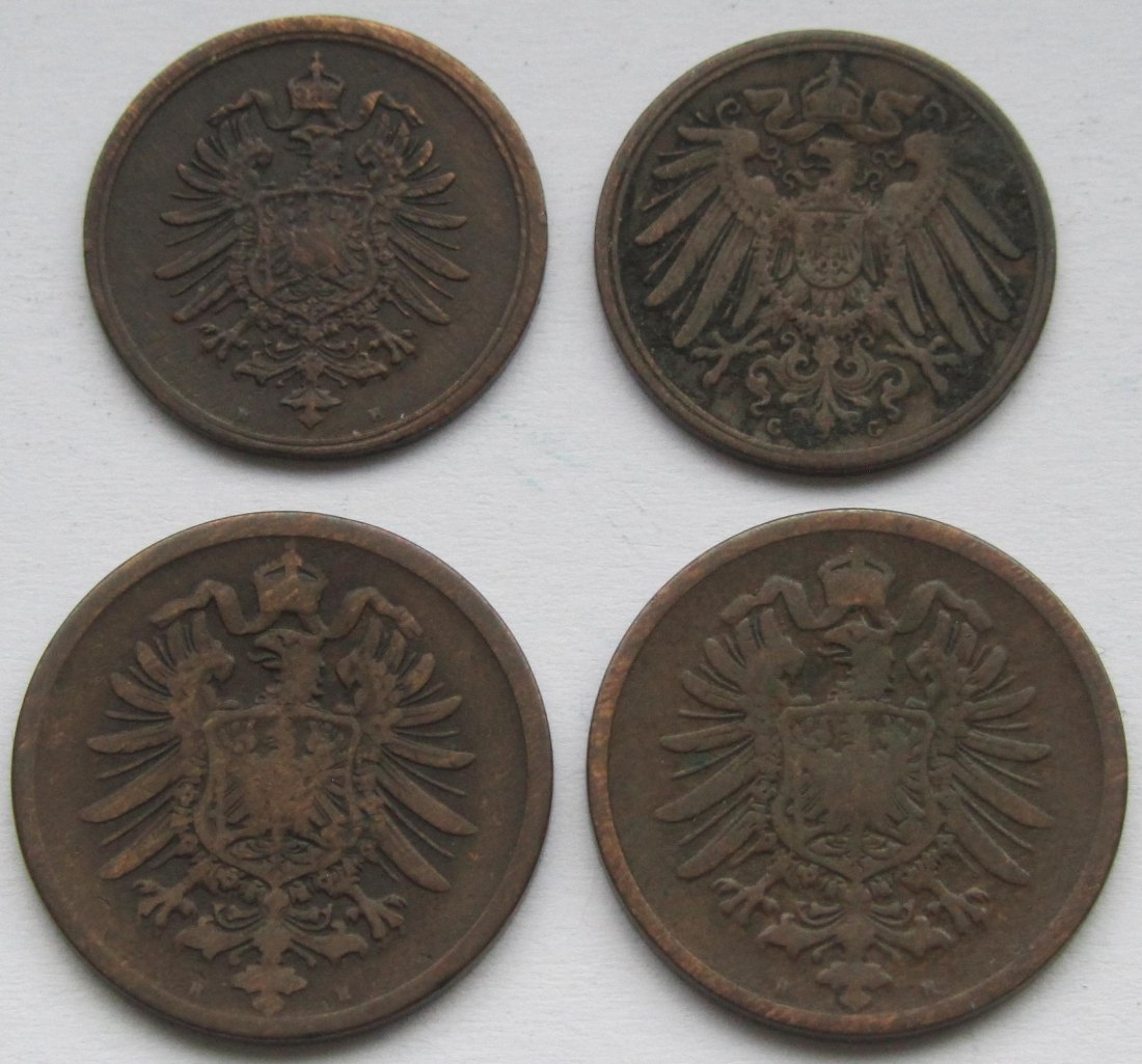  Kaiserreich: Vier seltene Jahrgänge 1 + 2 Pfennig   