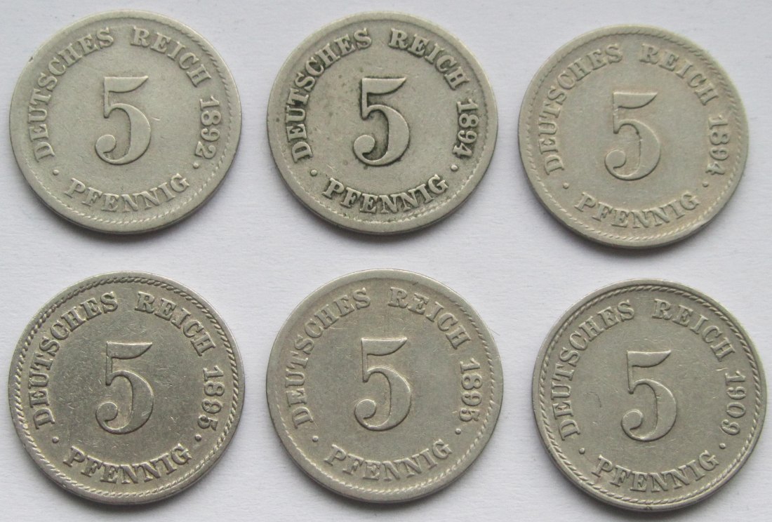  Kaiserreich: Sechs seltene Jahrgänge 5 Pfennig   