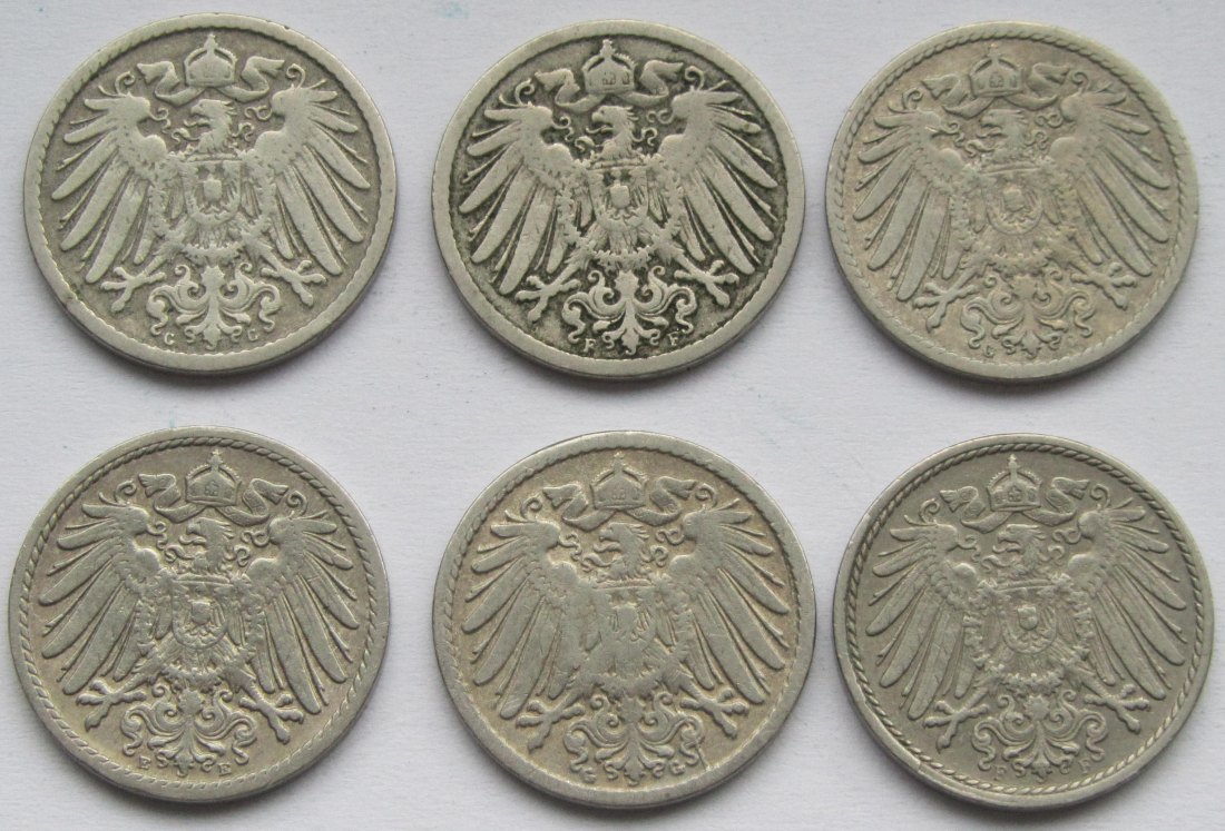  Kaiserreich: Sechs seltene Jahrgänge 5 Pfennig   