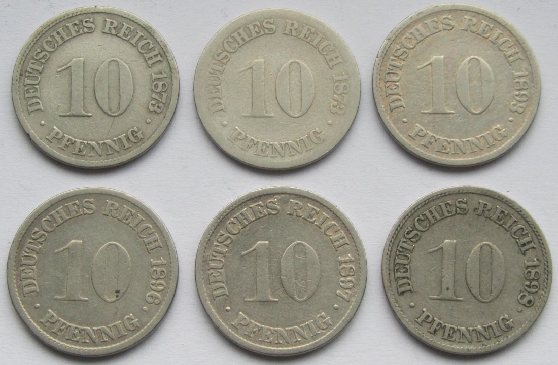  Kaiserreich: Sechs seltene Jahrgänge 10 Pfennig   