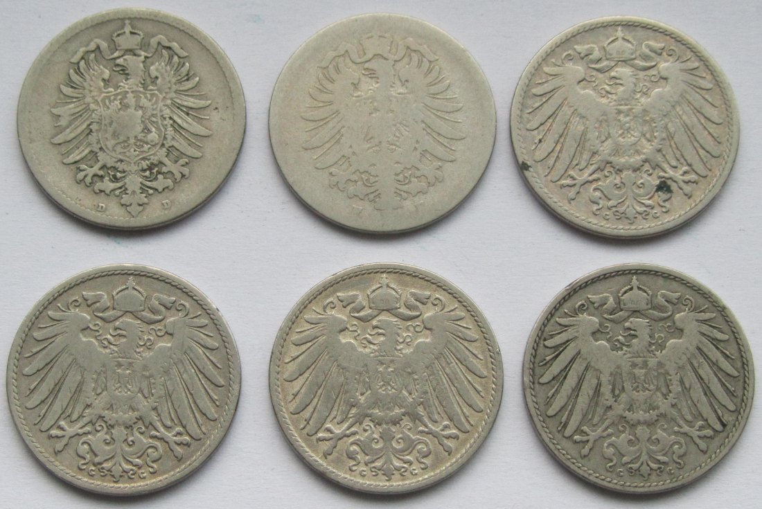  Kaiserreich: Sechs seltene Jahrgänge 10 Pfennig   