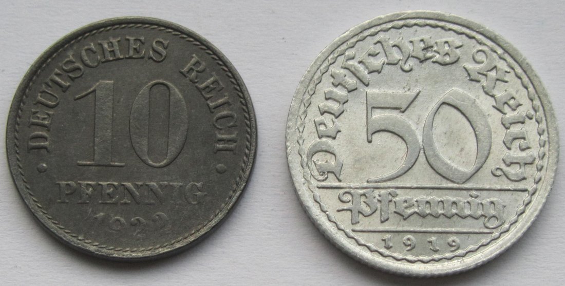  Weimarer Republik: 10 Pfennig 1922 E + 50 Pfennig 1919 F   