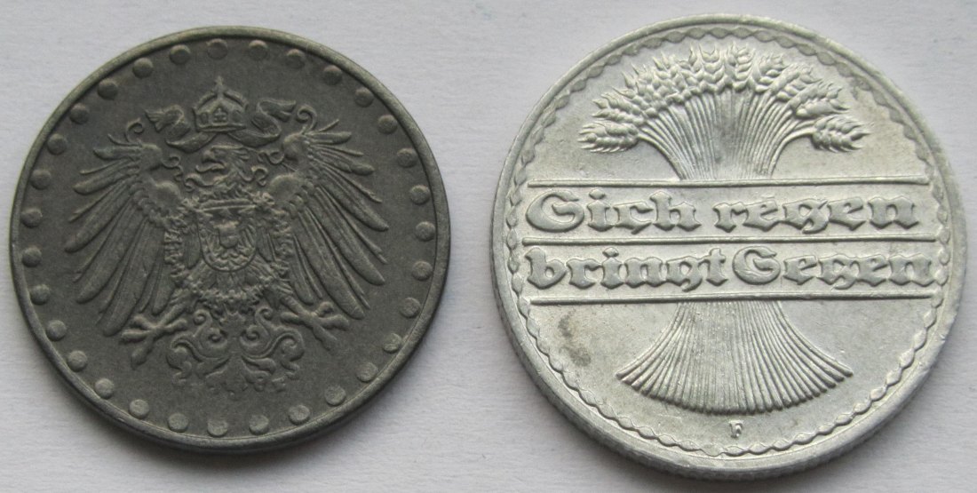  Weimarer Republik: 10 Pfennig 1922 E + 50 Pfennig 1919 F   