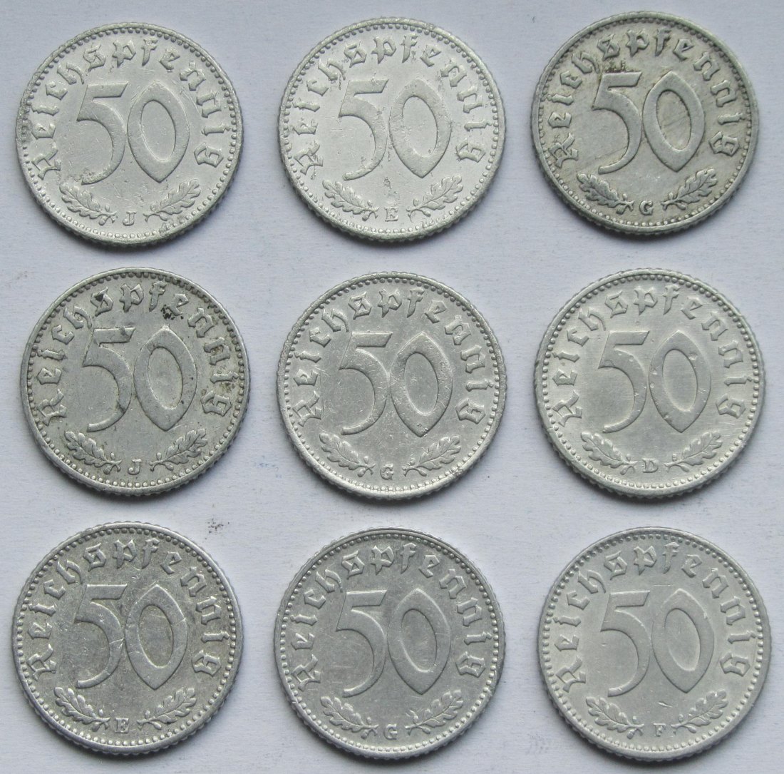  Deutsches Reich: 9 x 50 Pfennig seltene Jahrgänge   