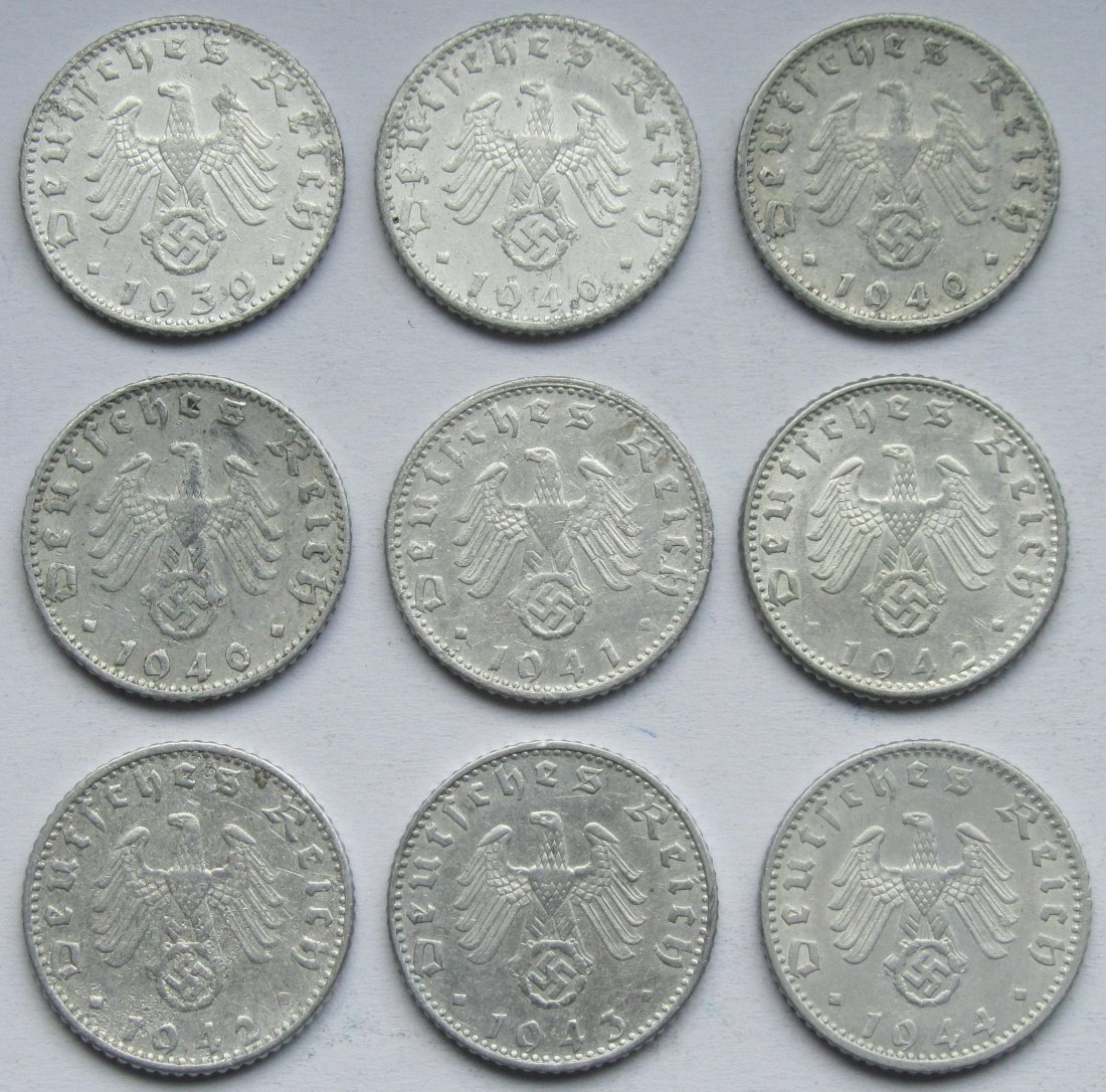  Deutsches Reich: 9 x 50 Pfennig seltene Jahrgänge   