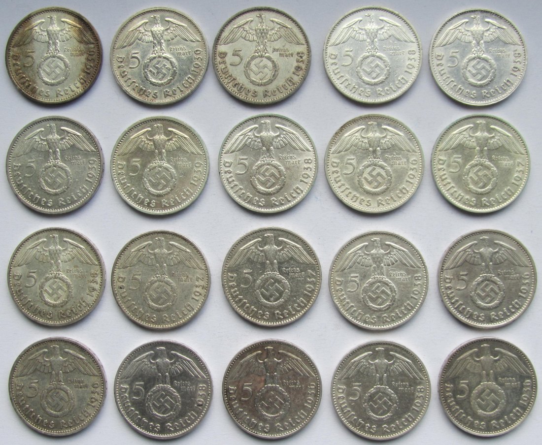  Deutsches Reich: 20 x 5 Mark Hindenburg, zusammen 250 g Feinsilber   