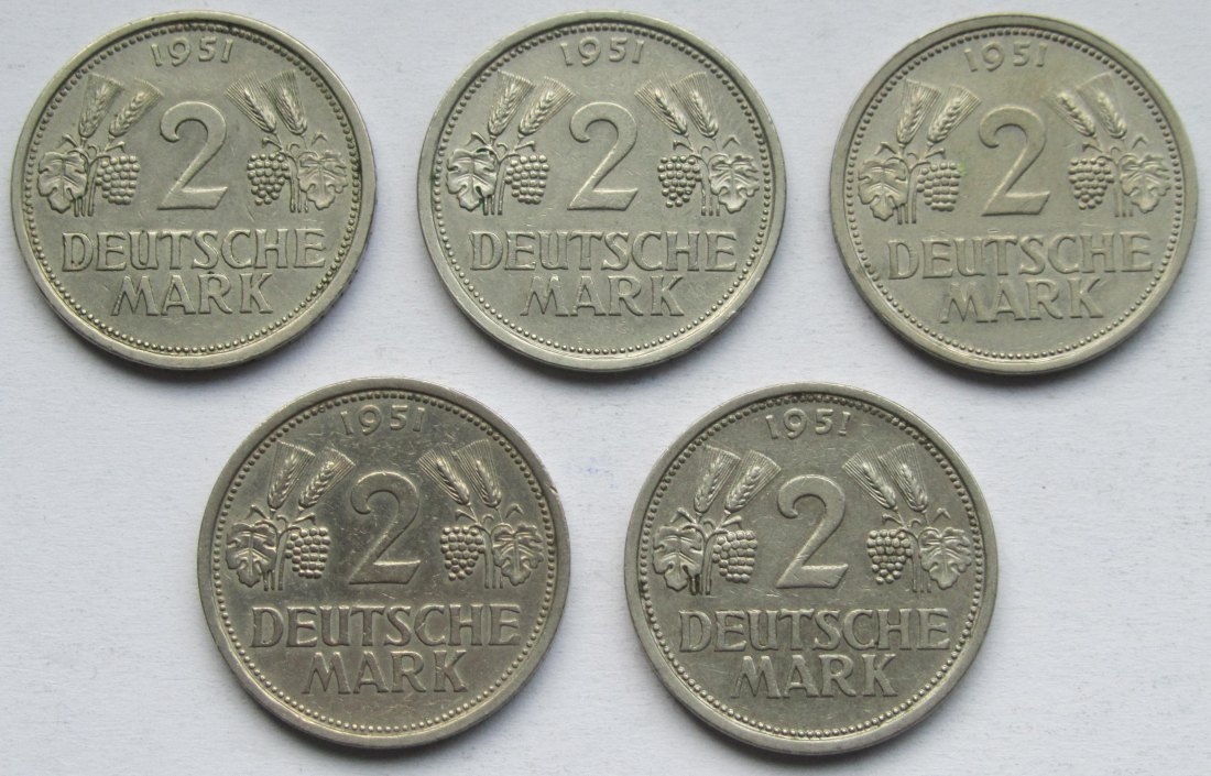  Deutschland: 5 x 2 DM Weintraube 1951, alle J   