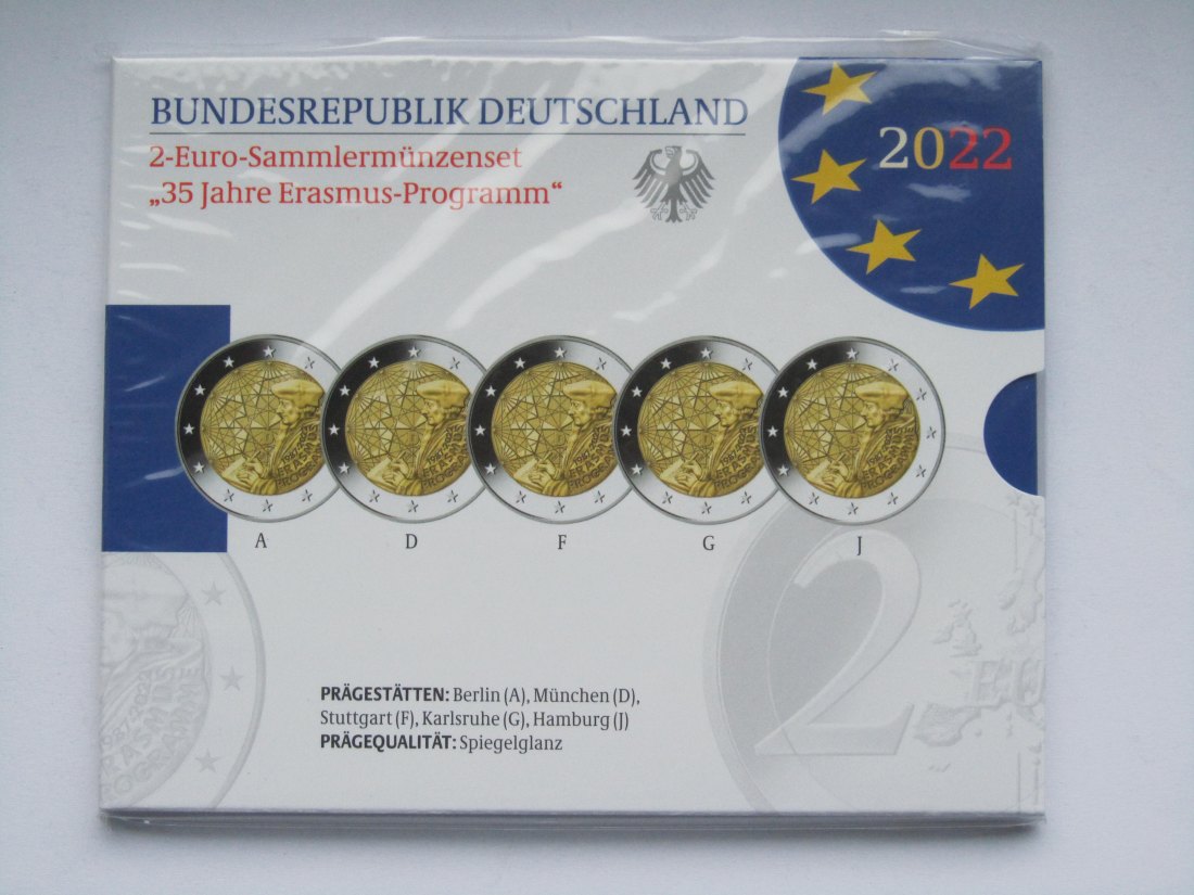  Deutschland: 2-Euro-Blister Erasmus 2022, Spiegelglanz/PP   