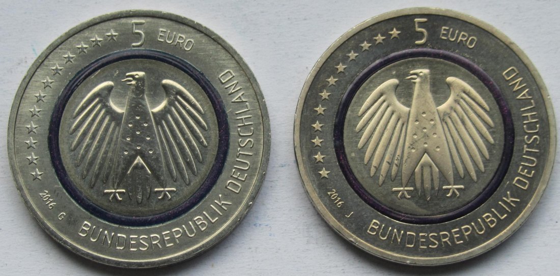  Deutschland: 5 Euro Planet Erde 2016, 2 Stück (G + J)   