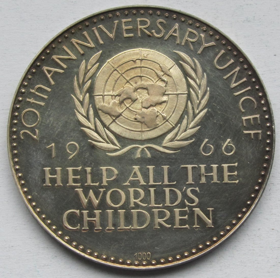  Silbermedaille 20 Jahre Unicef 1966, selten, 18,3 g Feinsilber   