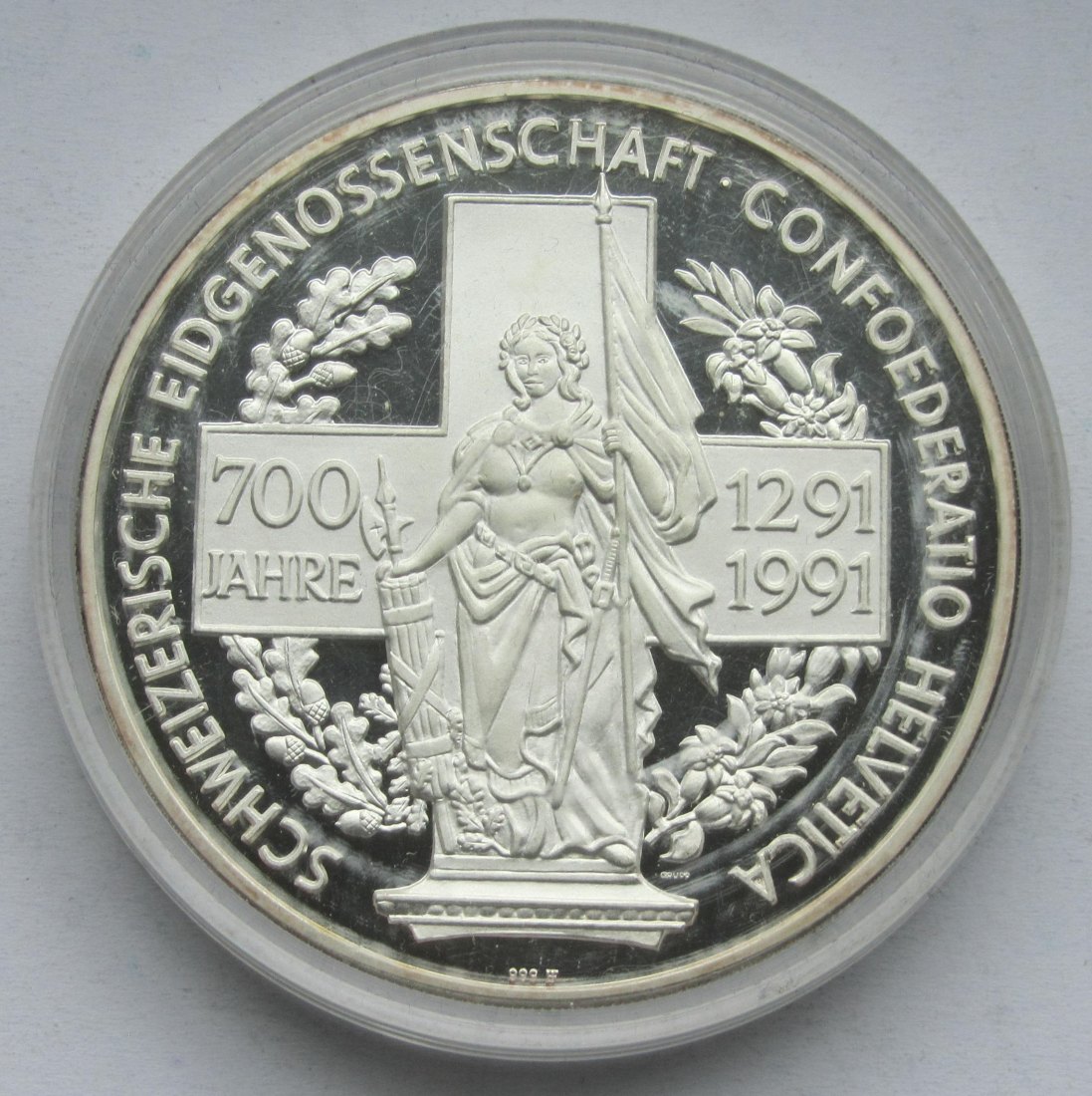  5 Unzen 700 Jahre Schweiz 1991, 155,5 g Feinsilber   