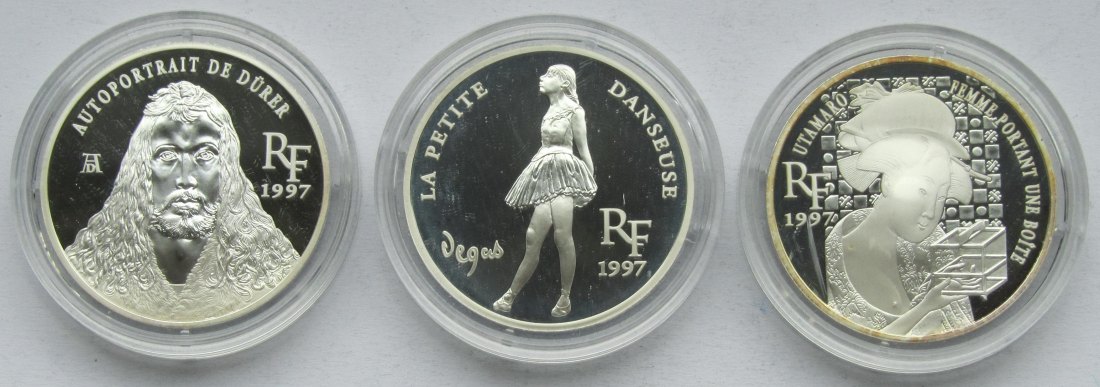  Frankreich: 3 x 10 Francs Kunst, zusammen 60 g Feinsilber   