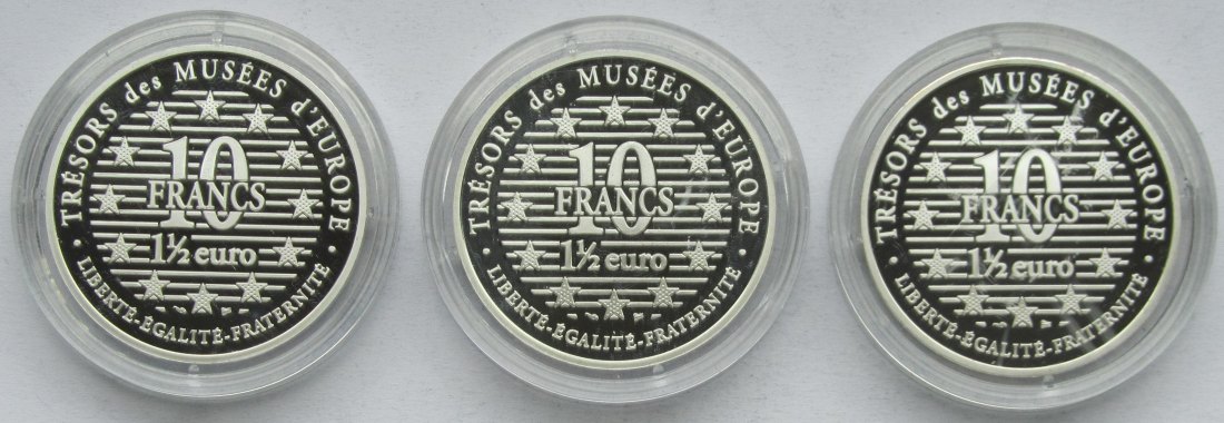  Frankreich: 3 x 10 Francs Kunst, zusammen 60 g Feinsilber   