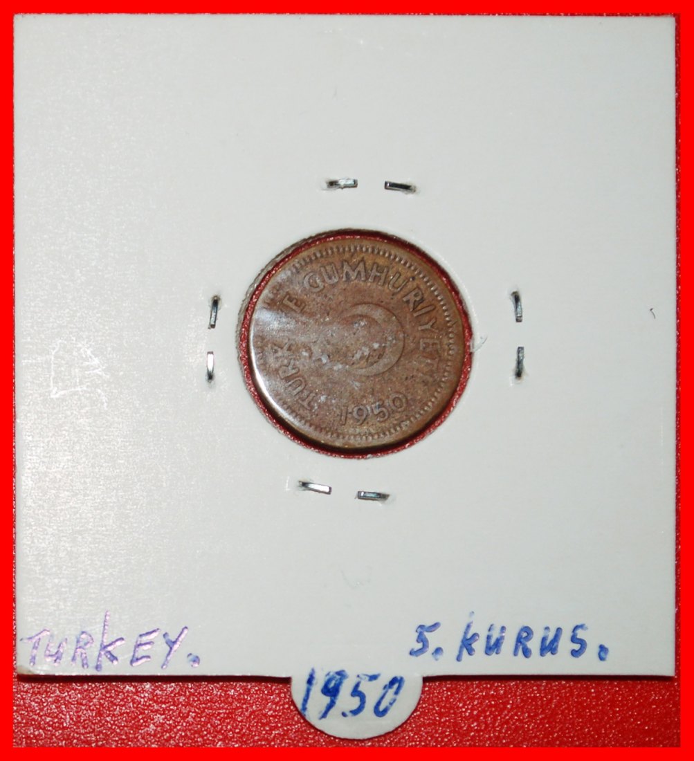  Ⰶ CRESCENT AND STAR ERROR (1949-1957): TURKEY ★ 5 KURUSES 1950! IN HOLDER! ★LOW START ★ NO RESERVE!   