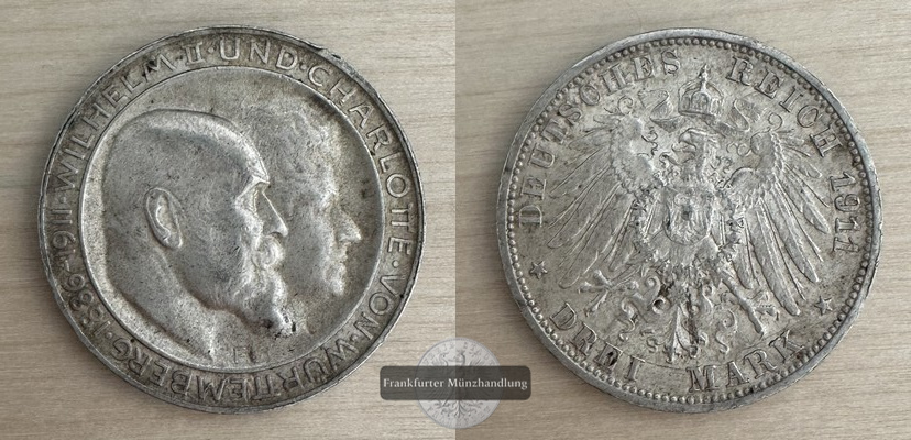  Dt. Kaiserreich. Württemberg, Wilhelm II. 3 Mark 1911 F Silb. Hochzeit FM-Frankfurt  Feinsilber: 15g   