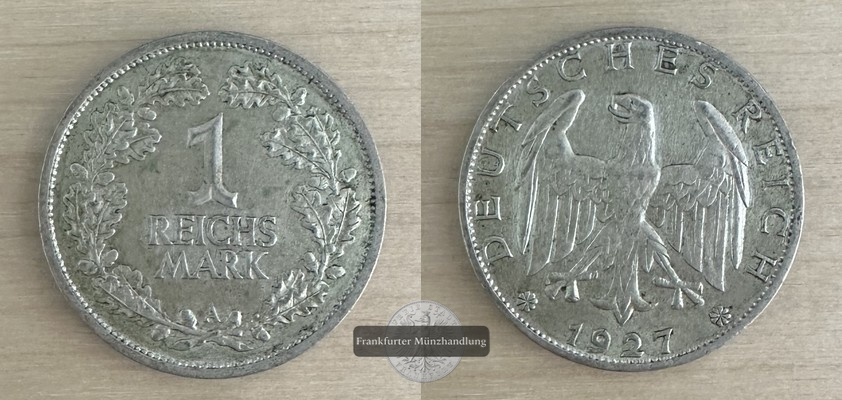  Weimarer Republik, 1 Reichsmark (A) 1927 FM-Frankfurt  Feinsilber: 2,5g   