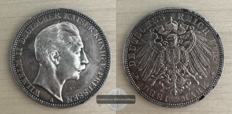  Deutsches Kaiserreich Preussen  3 Mark  Wilhelm II.  1912  A  FM-Frankfurt Feinsilber: 15g   