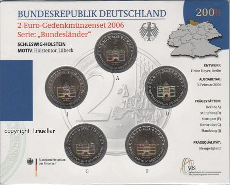 Deutschland alle 5...2 Euro Sondermünzen 2006...Schleswig-Holstein...bu.   