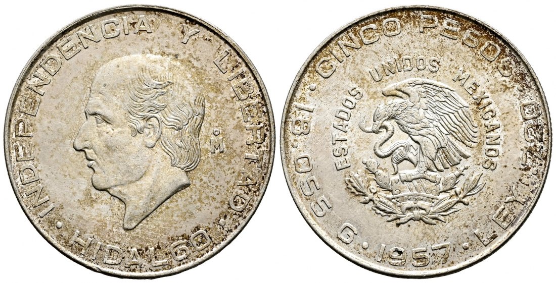 PEUS L14 Mexiko 12,96 g Feinsilber. Miguel Hidalgo y Costilla 5 Pesos SILBER 1957 Patina, Vorzüglich / Stempelglanz