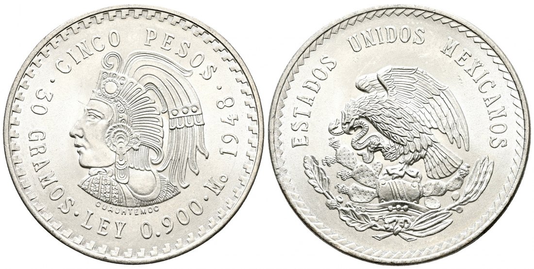 PEUS L15 Mexiko 27 g Feinsilber. Cuauhtémoc letzter aztekische Herrscher von Tenochtitlán 5 Pesos SILBER 1948 Fast Stempelglanz