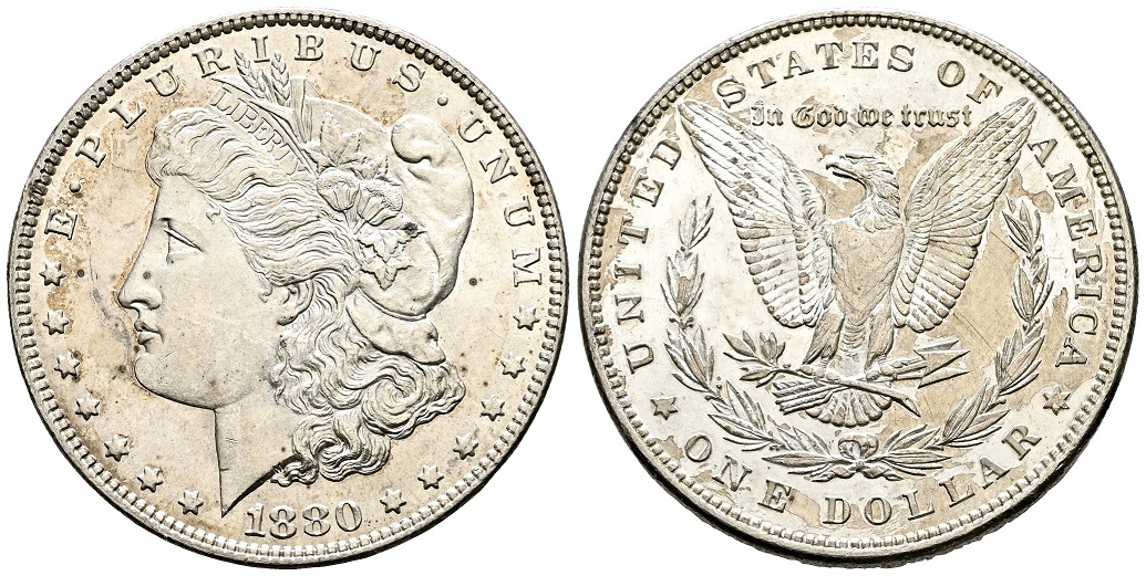 PEUS L19 USA 24,06 g Feinsilber. Morgan Dollar SILBER 1880 Kl. Kratzer, Vorzüglich/Stempelglanz