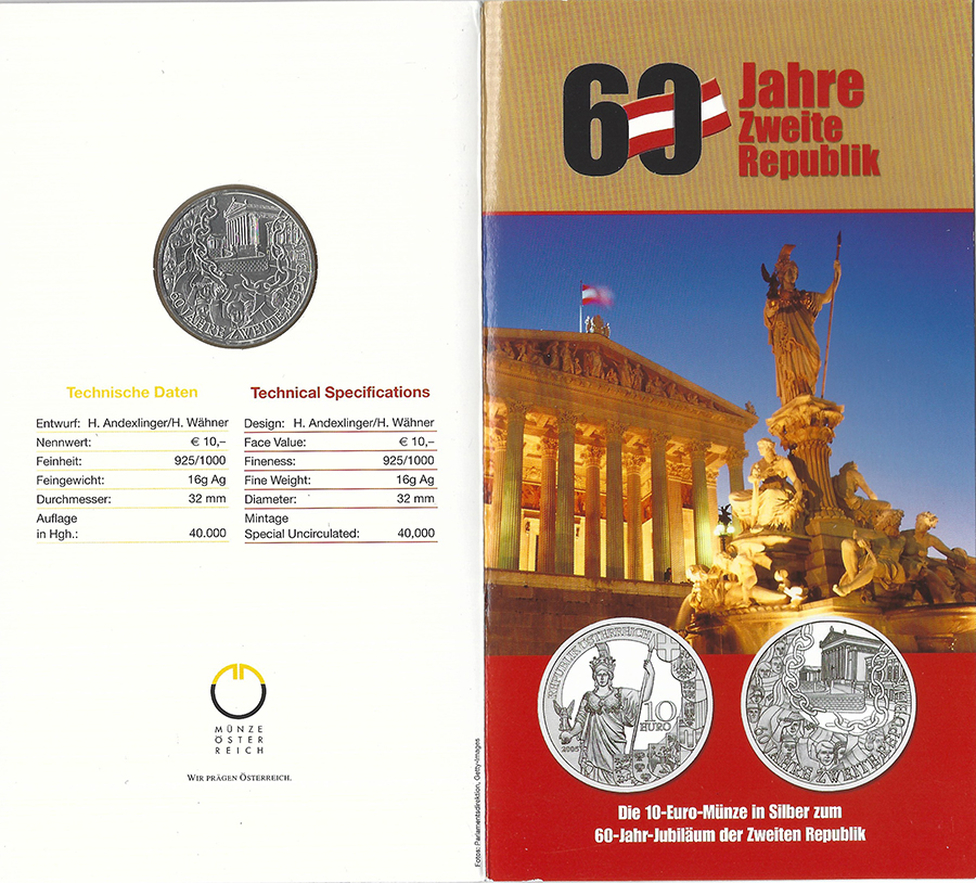  SZAIVERT 2. REPUBLIK ÖSTERREICH 10 EURO 2005 60 JAHRE 2. REPUBLIK   