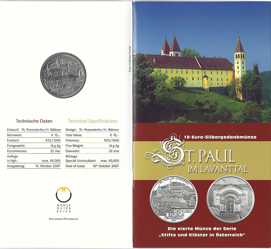  SZAIVERT 2. REPUBLIK ÖSTERREICH 10 EURO 2007 STIFT SANKT PAUL IM LAVANTTAL OVP   