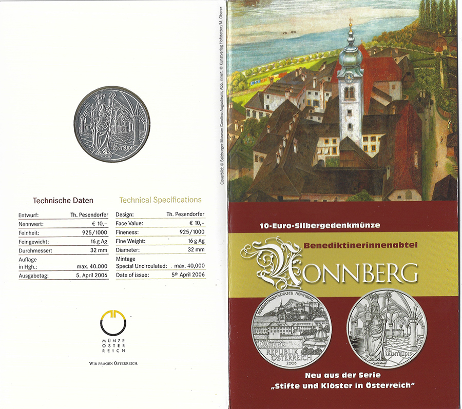  SZAIVERT 2. REPUBLIK ÖSTERREICH 10 EURO 2006 BENEDIKTINERINNENABTEI NONNBERG OVP   