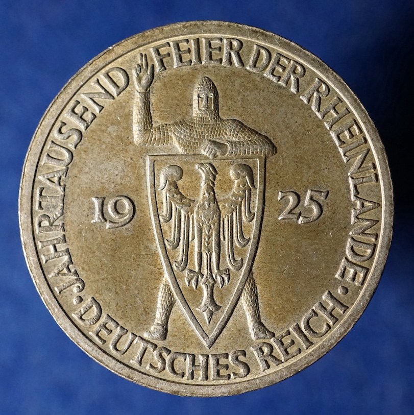  Weimarer Republik, 3 Mark 1925 A, 1000 Jahre Rheinlande, prägefrisch m. Patina   