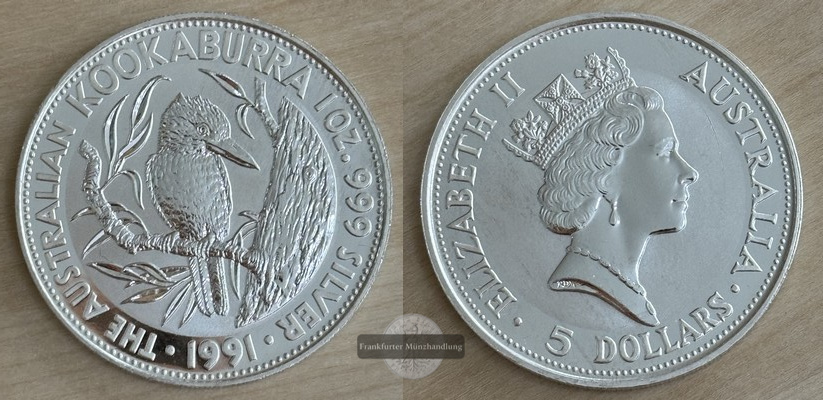  Australien,  5 Dollar 1991  Kookaburra  FM-Frankfurt  Feinsilber: 31,1g   