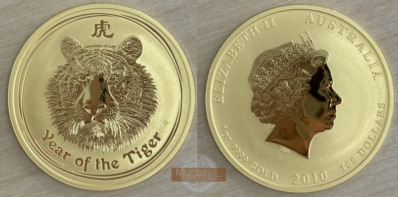 Australien 100 Dollar MM-Frankfurt Feingold: 31,1g Year of the Tiger 2010 