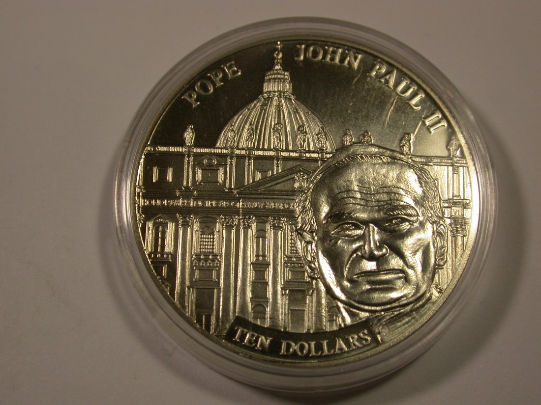  I8 Liberia Papst Johannes Paul 10 Dollar 2005 in PP fein in Kapsel   Originalbilder   