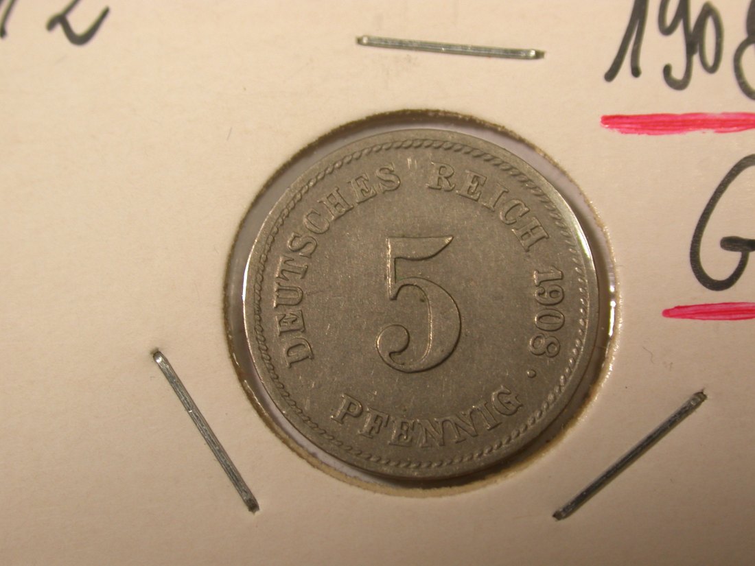  I8 KR   5 Pfennig 1908 G in ss/ss+ im Rähmchen Originalbilder   