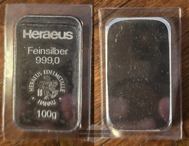  Deutschland.  Silberbarren 100g Heraeus  FM-Frankfurt  Feingewicht: 100g   