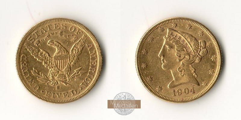 USA  5 Dollar MM-Frankfurt   Feingold: 7,52g Half Eagle - Liberty Head 1904 S 