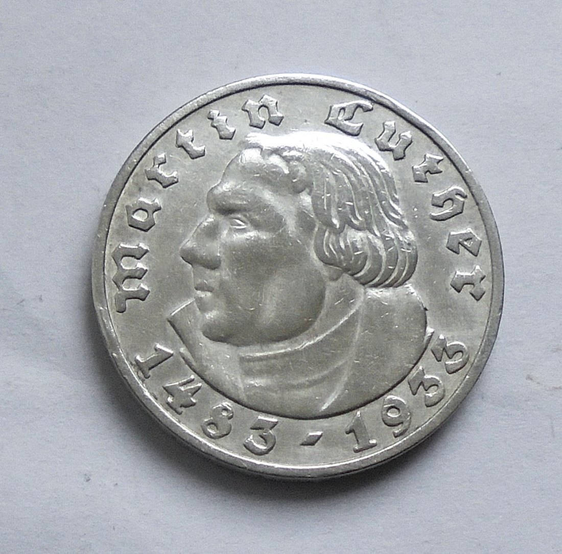  Münze Silber Drittes Reich: 5 Reichsmark 1933 D - Martin Luther   