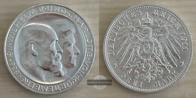  Dt. Kaiserreich. Württemberg, Wilhelm II. 3 Mark 1911 F Silb. Hochzeit FM-Frankfurt  Feinsilber: 15g   