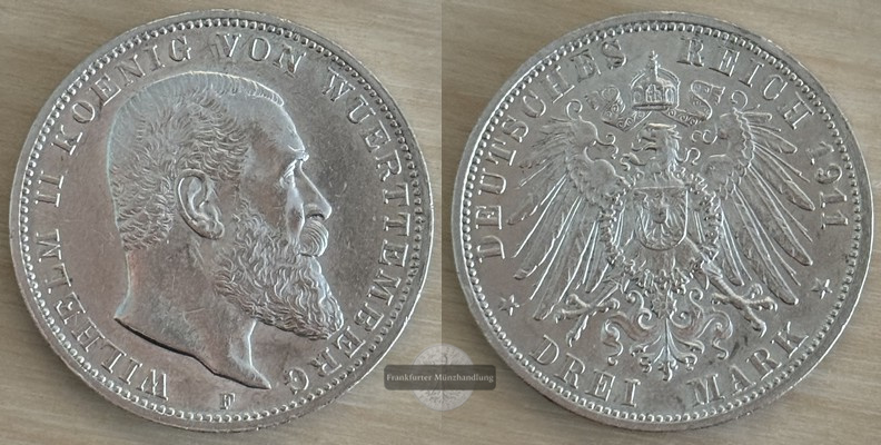  Deutsches Kaiserreich Würtemberg 3 Mark  1911 F  FM-Frankfurt Feingewicht: 15g Silber   