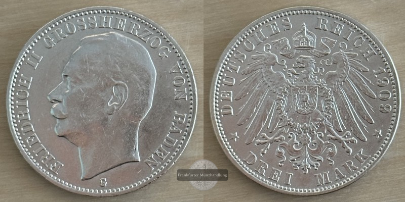  Deutsches Kaiserreich, Baden  3 Mark  1909 G  Friedrich II. 1907-1918  FM-Frankfurt Feinsilber: 15g   