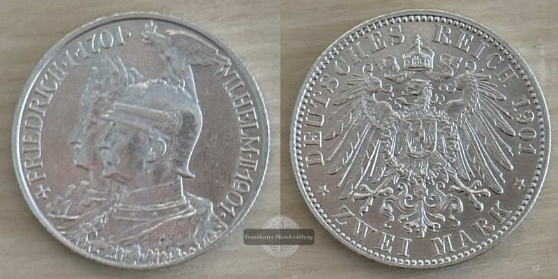  Deutsches Kaiserreich, Preussen.  2 Mark 1901, 200 Jahre Königreich   FM-Frankfurt   Feinsilber: 10g   