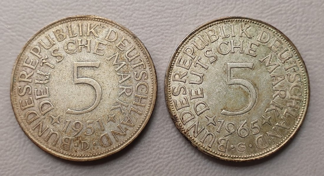  BRD 2 x 5 Deutsche Mark Heiermann Silberadler Silber Münzen 13,9 g. fein   