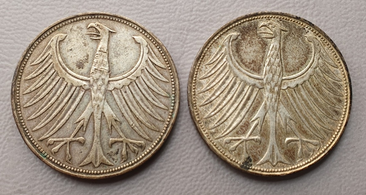  BRD 2 x 5 Deutsche Mark Heiermann Silberadler Silber Münzen 13,9 g. fein   