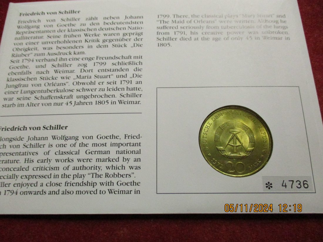  20 Mark DDR Numisbrief Friedrich Schiller   