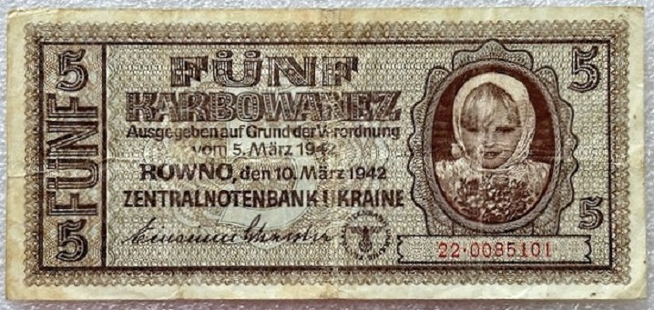  Drittes Reich - Ukraine ---  5 Karbowanez 1942 , Deutsche Besatzung , Banknote Erh.F   