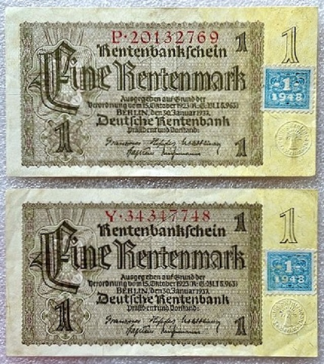  Deutschland - DDR ---  2x 1 Rentenmark 1948 mit Marke , Sowjetische Besatzung , Erh.XF+   