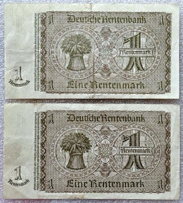  Deutschland - DDR ---  2x 1 Rentenmark 1948 mit Marke , Sowjetische Besatzung , Erh.XF+   