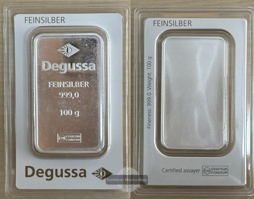  Degussa,  100g  Silberbarren   FM-Frankfurt   Feinsilber: 100g   