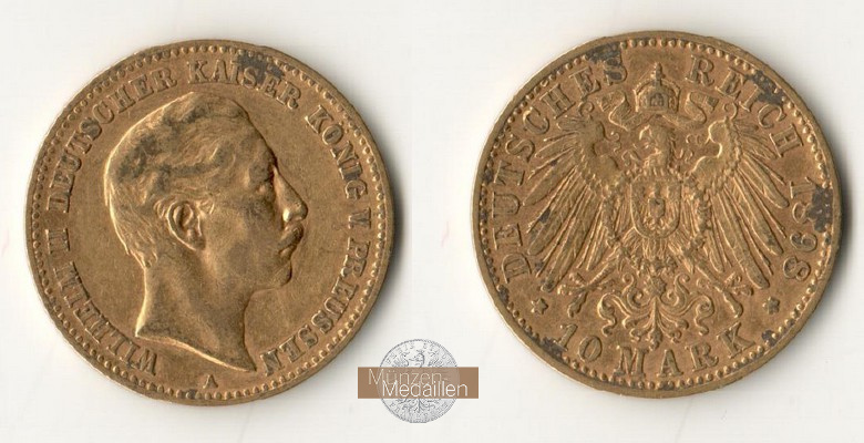 Deutsches Kaiserreich, Preussen. MM-Frankfurt Feingewicht: 3,58g Gold Wilhelm II. 1888-1918. 10 Mark 1898 A 